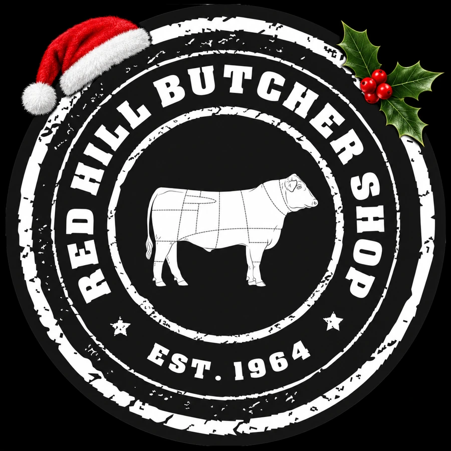 Red Hill Butcher Shop logo with Christmas holly and Santa hat